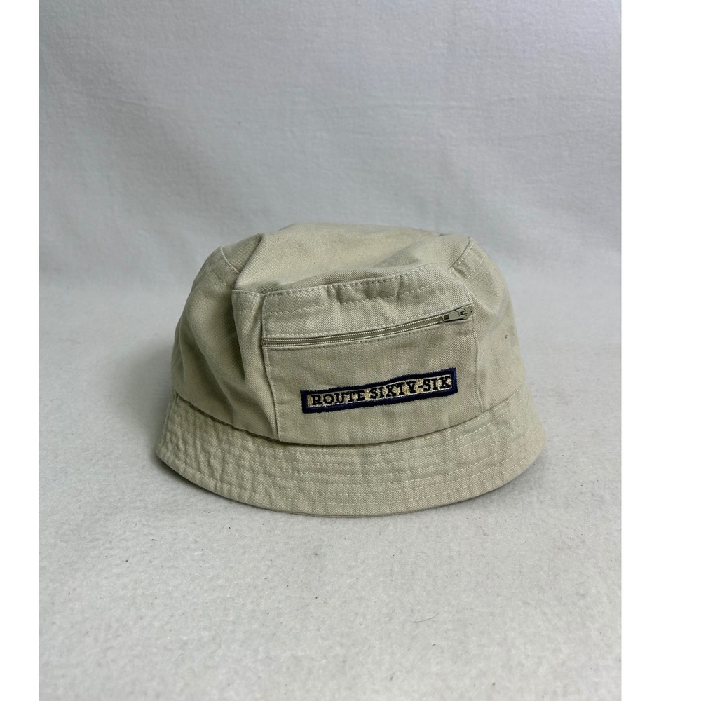 Vintage Y2K Route 66 Utility Bucket Hat Beige Zip Pocket Gorpcore One Size